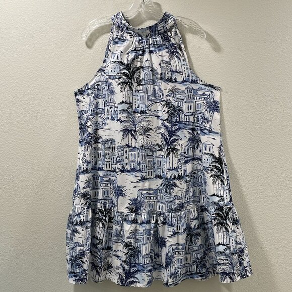CALYPSO ST BARTH (NWT) Woven Halter Mini Dress Tier, Tropical Blue/White - L - Picture 1 of 10